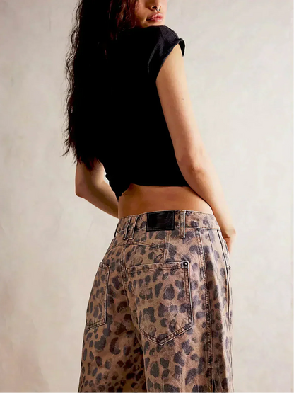 Women's Leopard Pattern Wide-Leg Denim Jeans