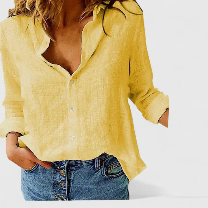 Women's Button-Front V-Neck Linen Blouse